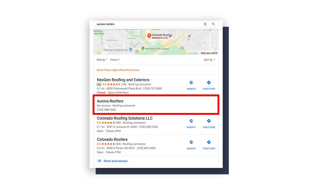 Aurora roofing contractors search results / New Local SEO Update From Google 2019: What's Changed? / Beyond Blue Media