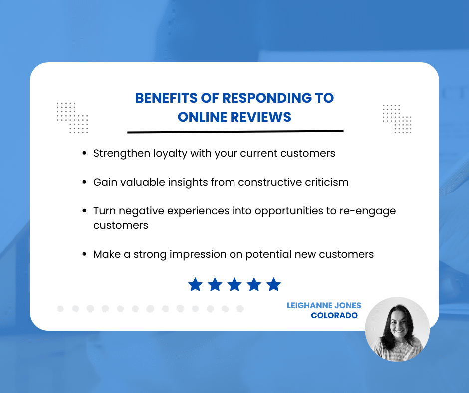 benefits of responding to reviews / How to Respond to Online Reviews 1 / Beyond Blue Media an image of the benefits of responding to online reviews with a photo of the author of the blog
