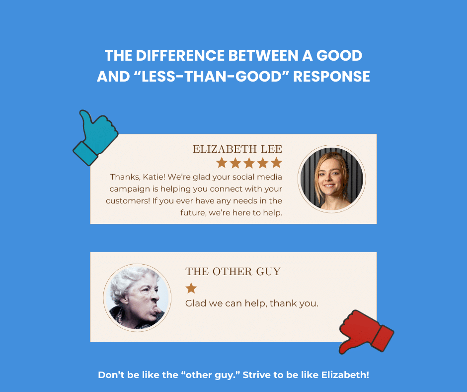 responding to reviews / How to Respond to Online Reviews 2 / Beyond Blue Media a photo of a comparison of what is considered to be a good review and what is considered a bad review